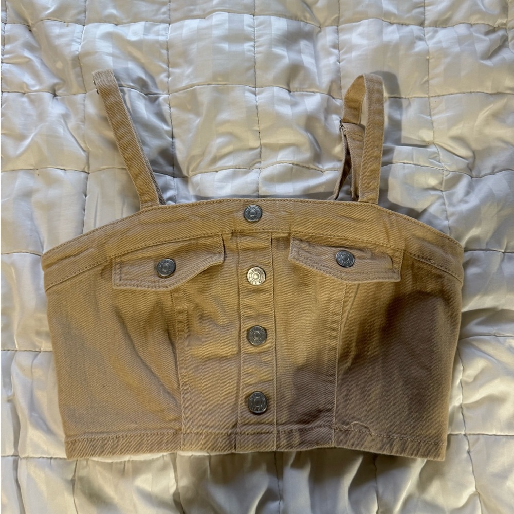 Denim-like Button-Front Tan Crop Top